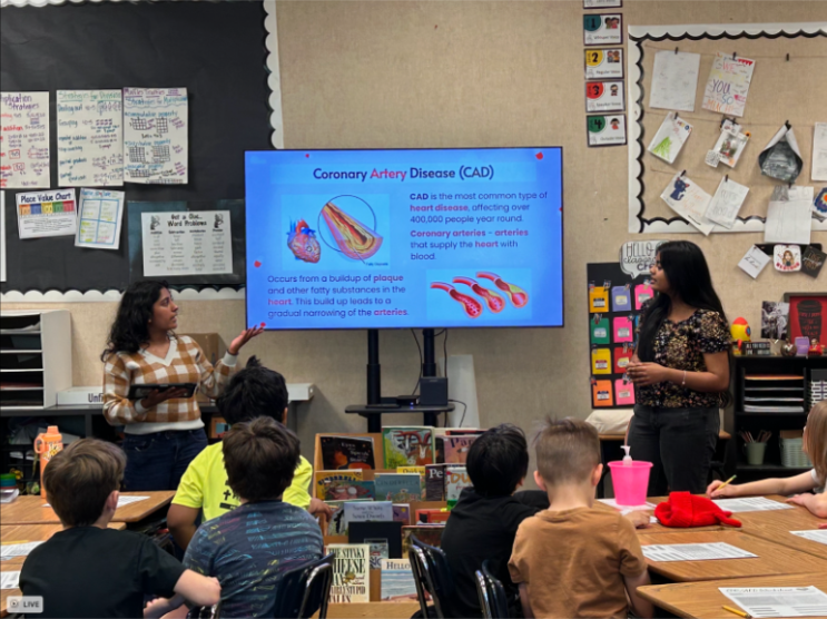 Elementary students on a classroom rug watch a slide about coronary artery disease